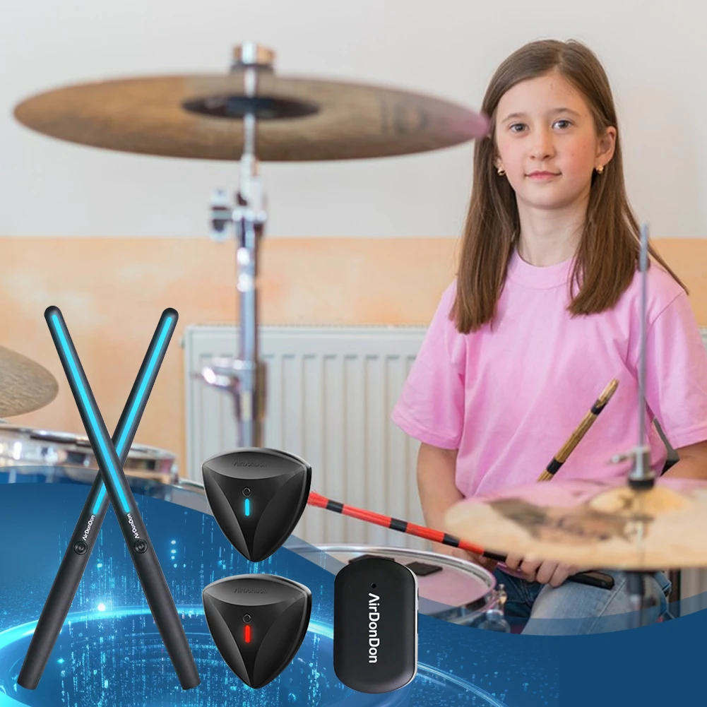 Portable Air Drum Set Air Drum Foot Sensor Bluetooth-Compatible Virtual Drum Sticks Realistic Effect for Beginners Professionals