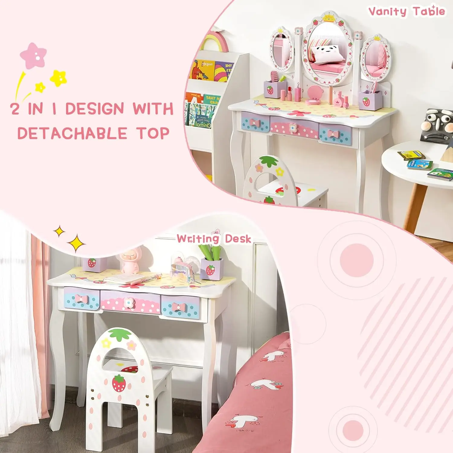 Kids Vanity Set with Mirror, 2 in 1 Princess Makeup Dressing Table W/Detachable Top, Toddler Vanity W/Drawers, Accessories