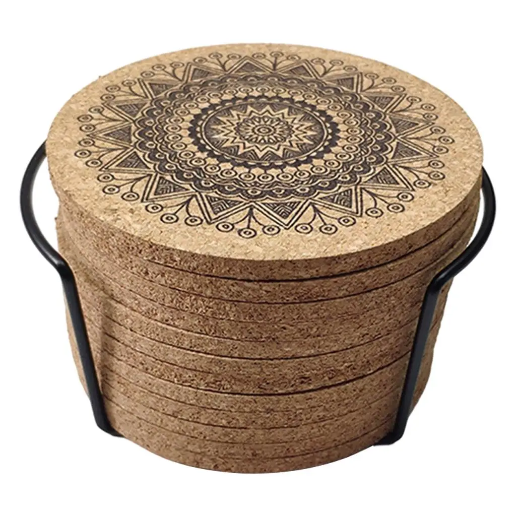 Wood Drink Coaster Cork Round Edge Coasters Pack with Holder Heat Resistant Coasters for Mugs Cups and Glasses