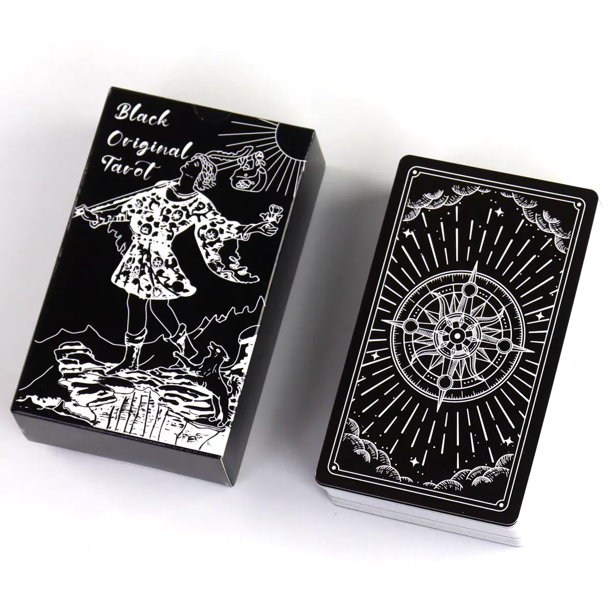 Black Tarot Cards Deck 78pcs Waite Style Black and White Line Art Vintage Tarot Card With Compass Back Divination Oracle