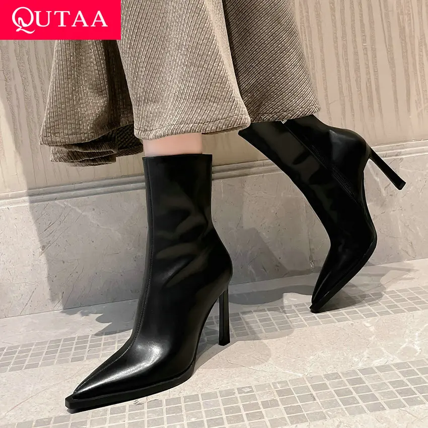 QUTAA 2024 Thin High Heels Women Ankle Boots Autumn Winter Genuine Leather Pointed Toe Shoes Woman Zipper Office Lady Size 34-39