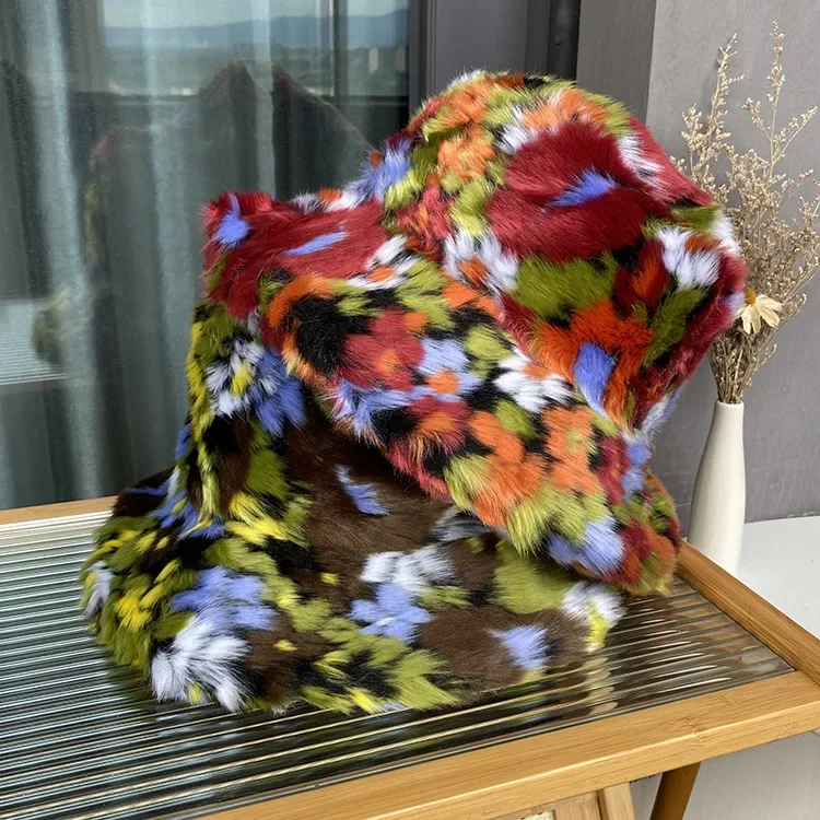 Korean Style Fisherman Hat Fake Fur British Style Women Winter Warm Ear Protection Long Fluffy Colorful Bucket Hat Leifeng Cap