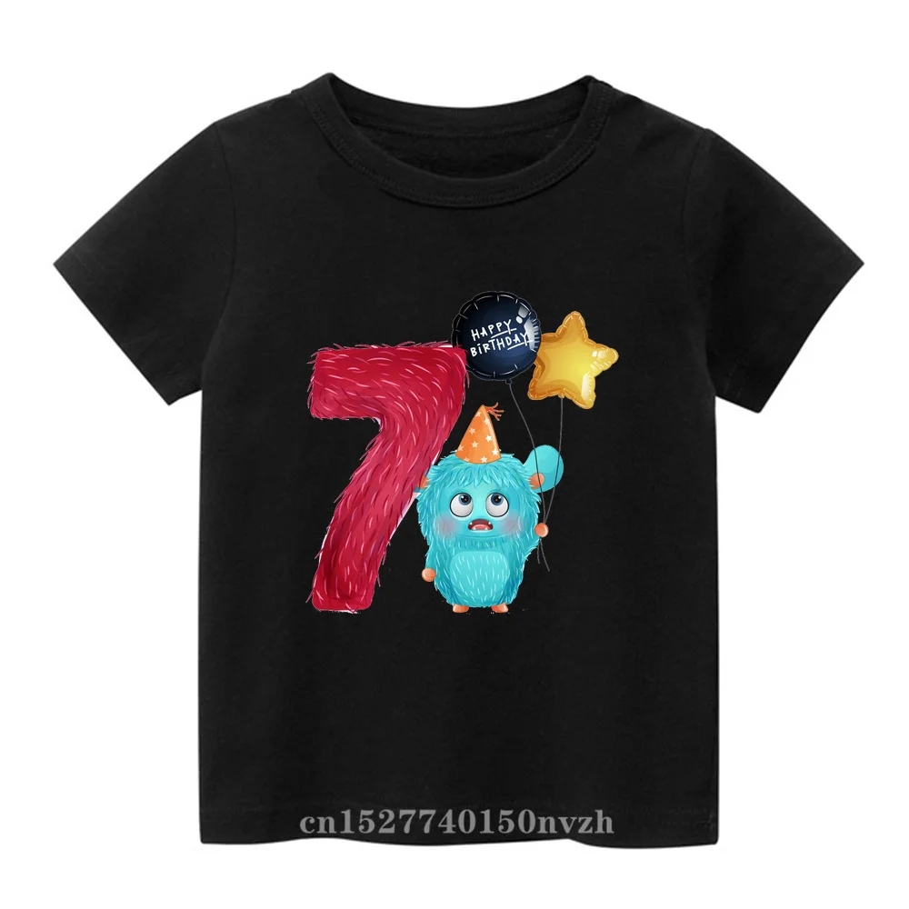 Cartoon Monster Birthday Number 1-9th Black Children T-shirt Kid Party Gift Present Clothes Baby Group Tops Tee,Drop Ship