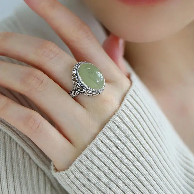 Ethnic Style Jade Egg-shaped Ring For Lady Finger Accessories Vintage Relief Flower Ring Women Jewelry Adjustable