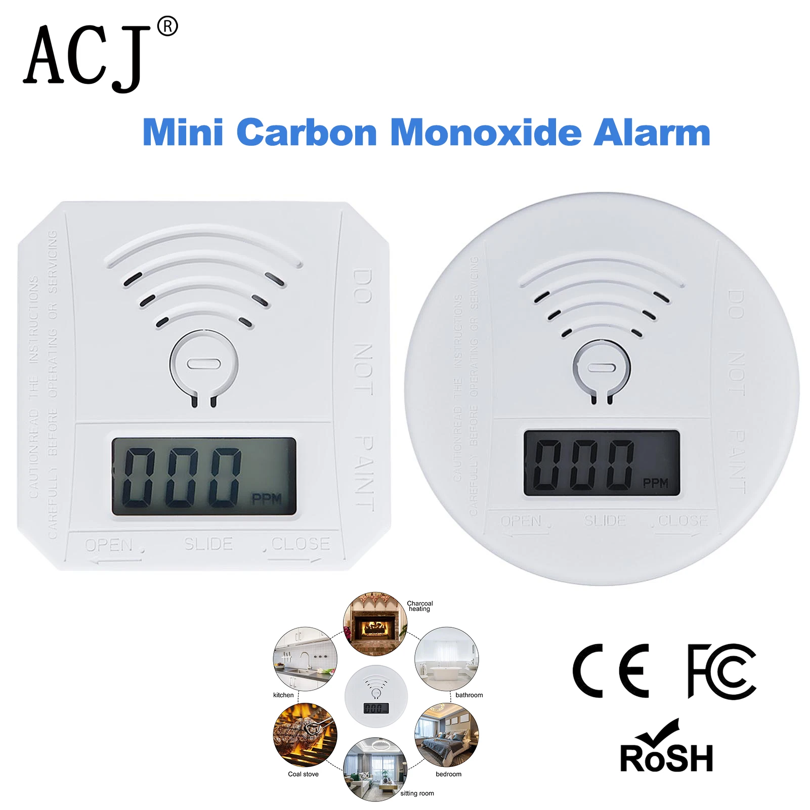 ACJ Mini Carbon Monoxide Alarm Detector CO Sensor Battery Powered With LED Digital Display Sound Warning Suitable For Home