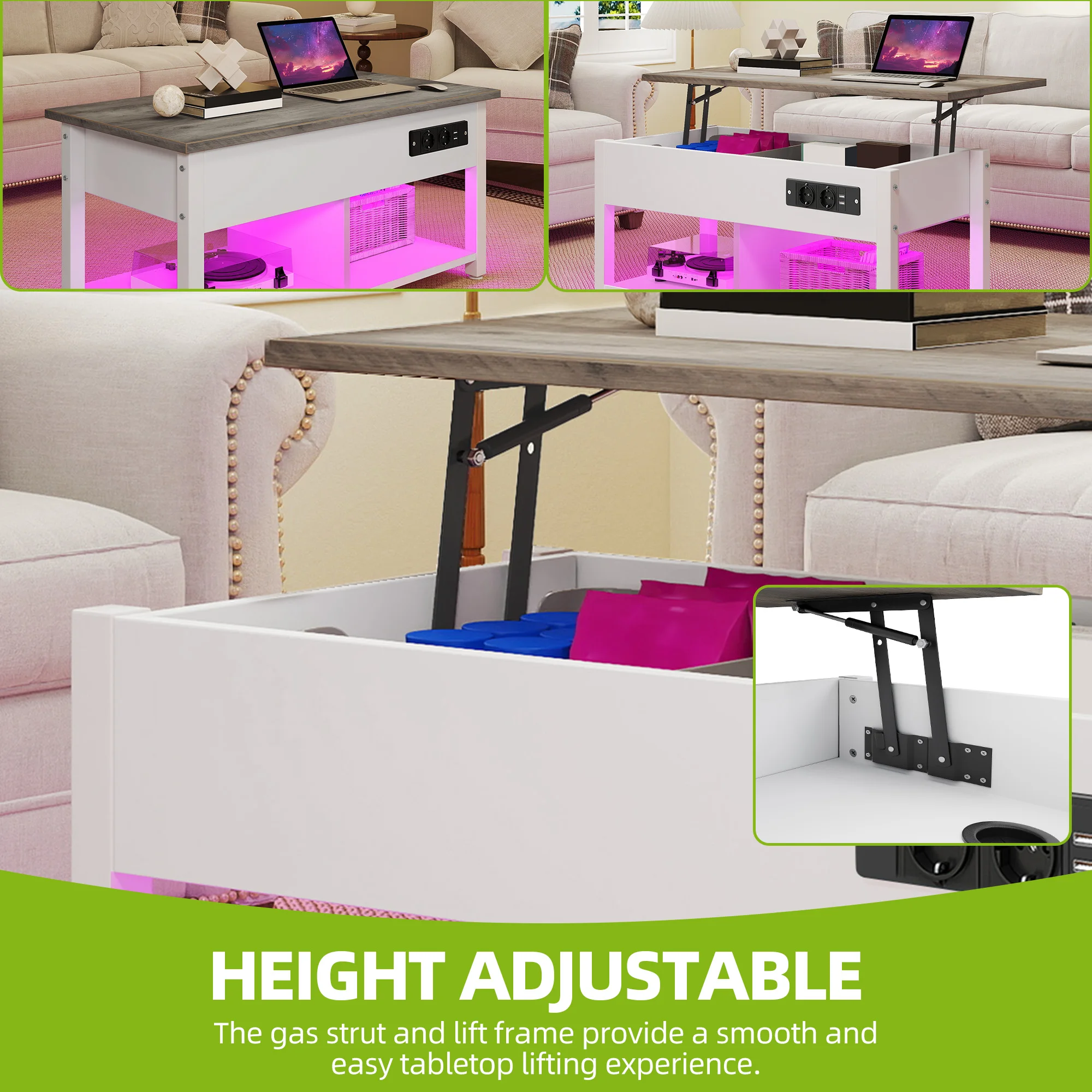 YITAHOME White/Grey Lift Table - Adjustable Height with 2 Storage Levels & Hidden LED Compartment