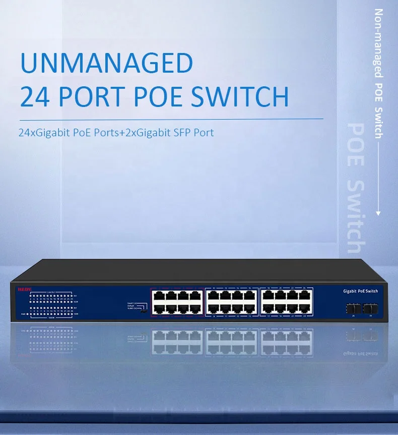 300W PoE switch 24 PoE ports 10/100Mbps 2 1000Mbps and 1 Gigabit SFP Uplink port PoE switch