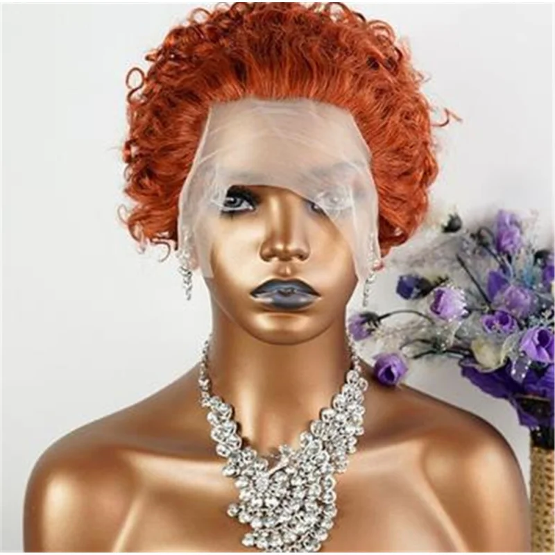 女性ショートピクシーカットブラックブロンドカーリーレースフロントウィッグ人毛ウィッグ