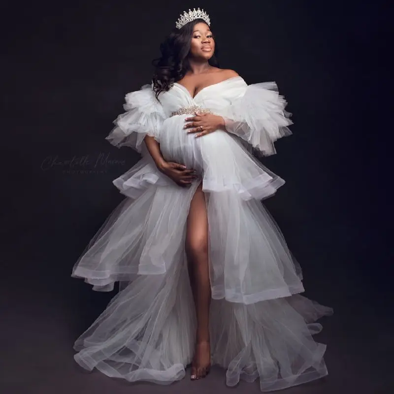 

White Bridal Maternity Dresses for Photo Shoot Pears Belt Tiered Tulle Puffy Pregnant Robe Custom Made Women Prom Gown