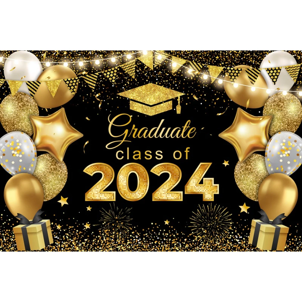 Pano De Fundo De Graduação Personalizado, Fotografia De Fundo Personalizado, Balões De Brilho Preto E Dourado, Parabéns Grad Party Banner Decor, Classe De 2024