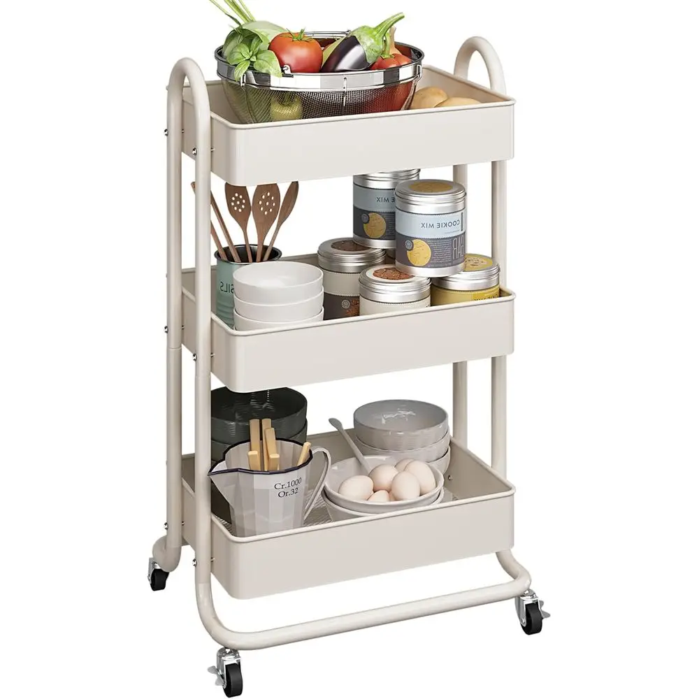 

3-Tier Metal Utility Rolling Cart, Heavy Duty Multiunction Cart with Lockable Casters, Easy to Assemble, Suitable or Oice