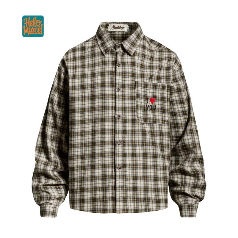 HELLOMARCEL EU US Size Luxury Quality Casual Shirt Street Wear Retro Pocket Heart Embroidery Plaid Long Sleeve Shirt