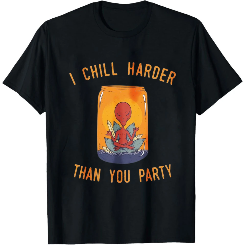 Hand Drawn Trippy Alien Art T Shirt Men Jar Crystal Lotus Meditation Funny Chill Phrase Simple Cotton Street Short Sleeve Tee