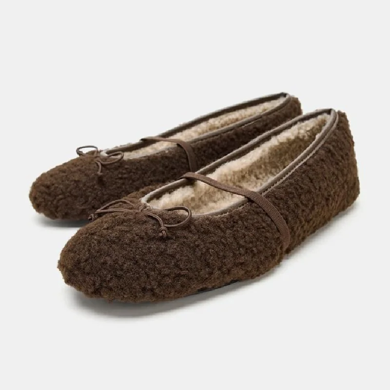 

New Short Plush Warm Ballet Flats Women Sweet Bow Decoration Winter Designer Shoes Elastic Band Design Comfort Women's Loafers