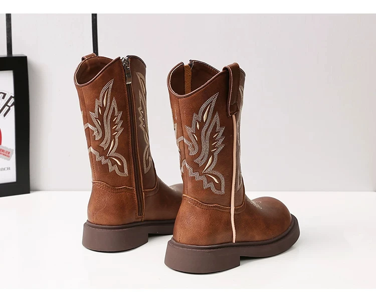 Girls Western Cowboy Mid‑Calf Boots, Vintage Distressed PU Leather with Embroidery Pattern, Low Heel Fashion Dress Boots Autumn