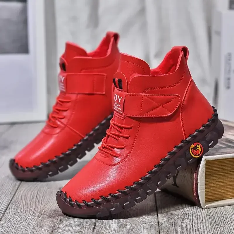 Botines de piel para Mujer, zapatos de algodón con hilo de coser a mano, Botas cortas impermeables para nieve, invierno, 2024