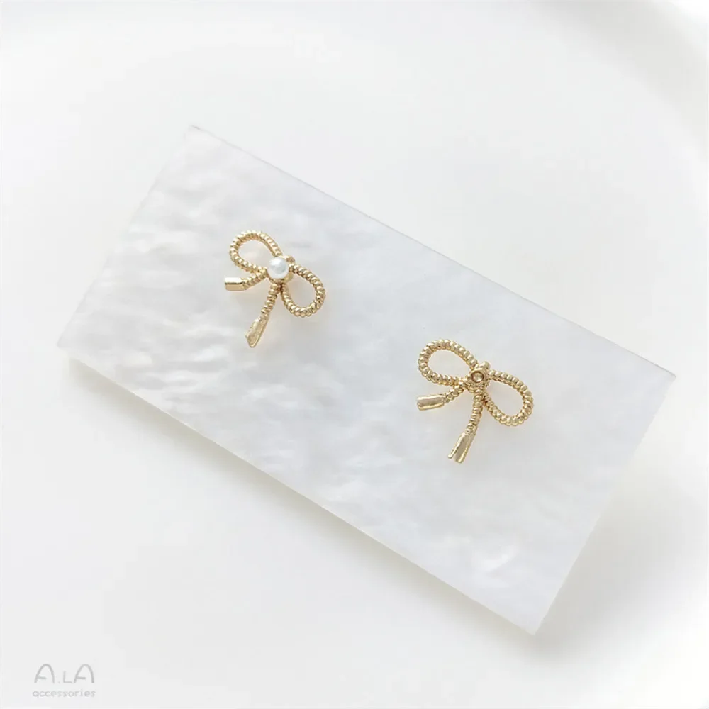 14K gold wrapped Fried Dough Twists bow beaded earrings 925 silver needle diy hand bonded pearl ear accessories