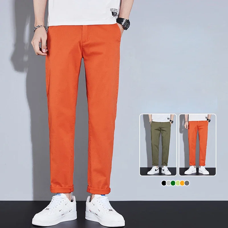 Casual Men Orange Loose Straight Business Pants Green Khaki Elastic Waist Trousers Soft Cotton Lyocell Fabric Korean Cargo Pants