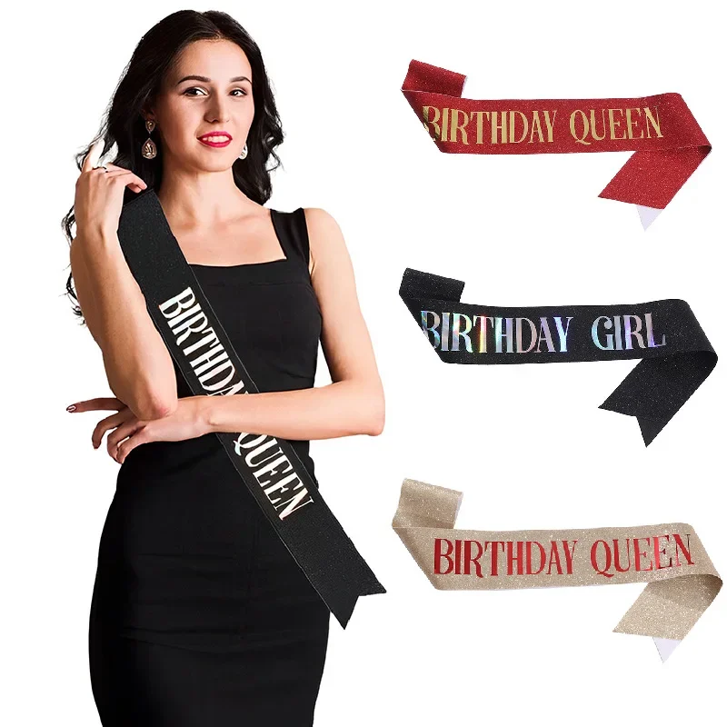 Faixa de Aniversário Estampada - Fita Elástica com Glitter para Rainha do Aniversário, Decoração de Festa e Cabine de Fotos Profissional
