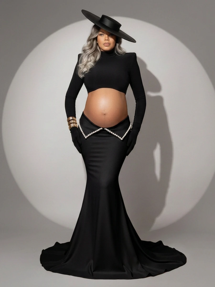 Black 2 Pieces Set Pearl Trim Crop Top Mermaid Pregnancy Gown for Photoshoot Baby Shower YD260931