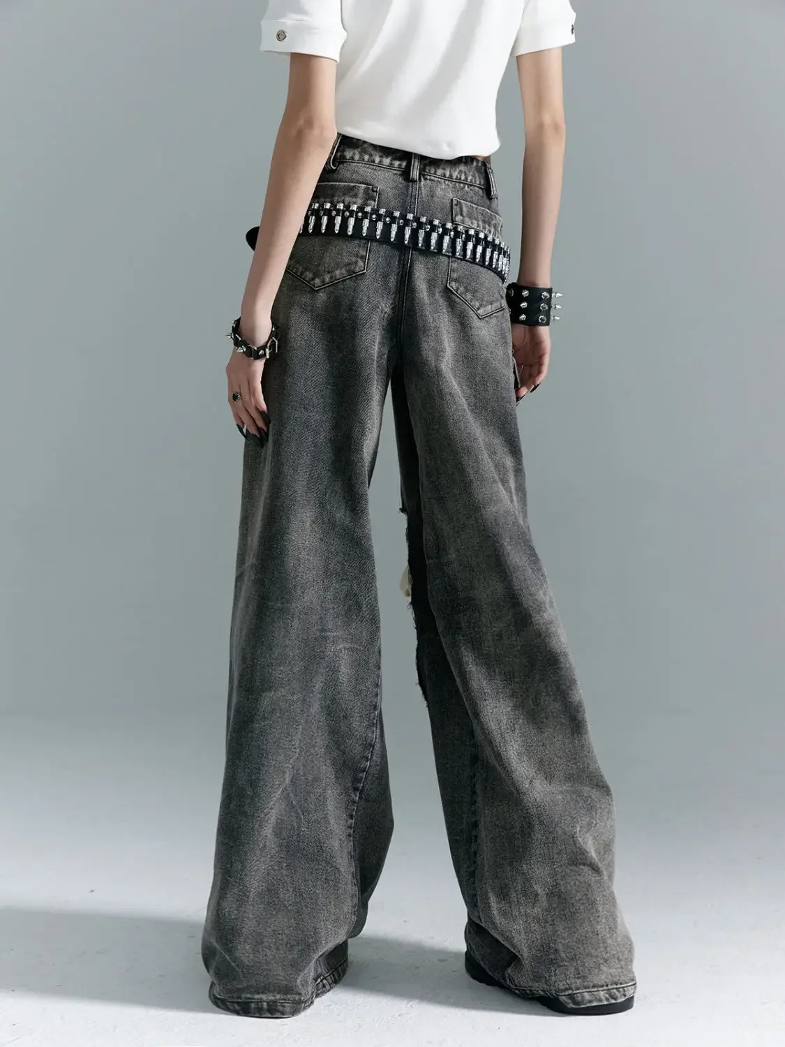 Women Ribbon Ripped Hole Baggy Jeans Black Vintage Oversize Cargo Strap Design Pocket High Waist Y2k Fit Slimming Wide Leg Pant