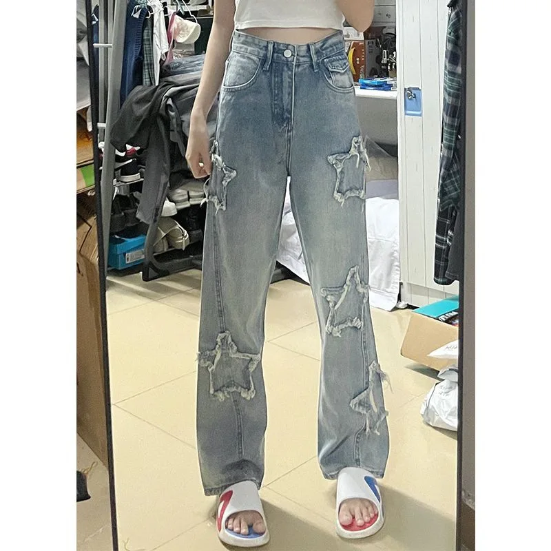 2024 Autumn New Loose Straight Wide Leg Denim Long Trouser Blue Star Embroidered Jeans For Women