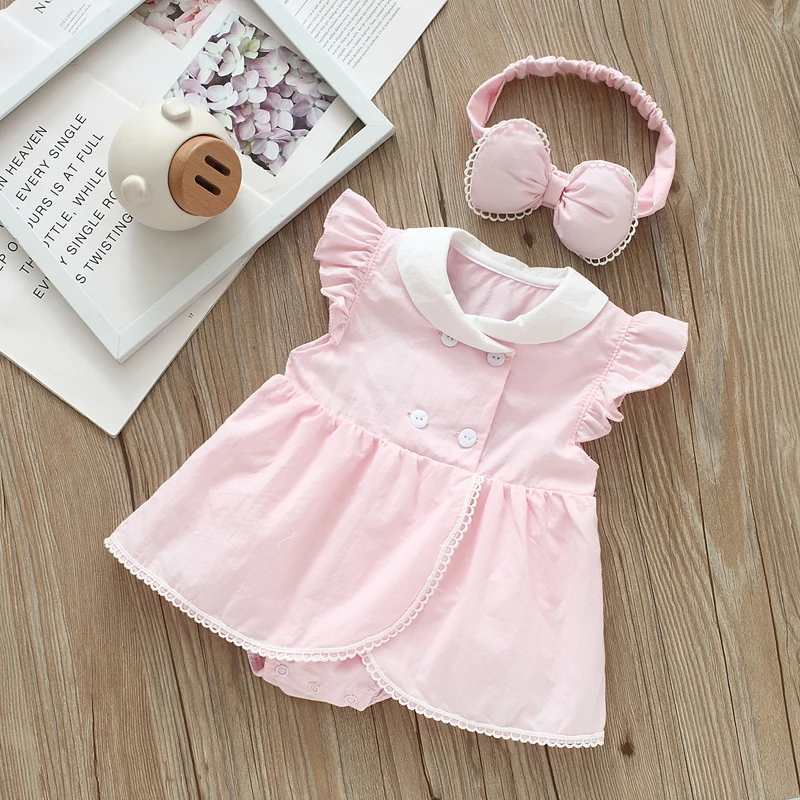 IYEAL Baby Girl Pure Cotton Dress 2025 Spring/Summer Banana Collar Baby Sleeveless Bodysuits  Dress With Hair Band