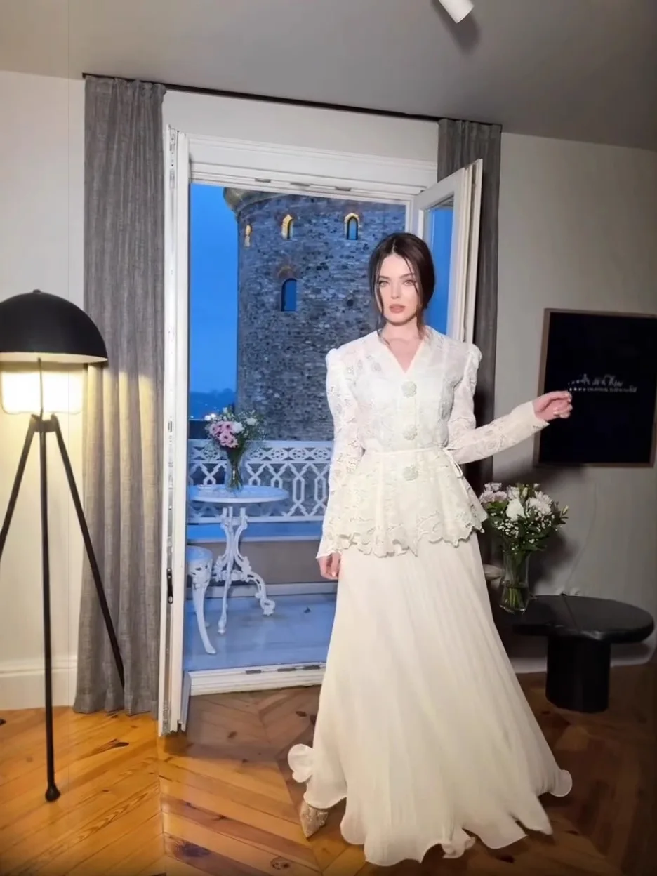 

Arabia Lace Women Suit Skirt Set 2 Pcs Blazer Prom Dress Full Sleeve Elegant Wedding Party Gown Formal Evening Birthday Robe