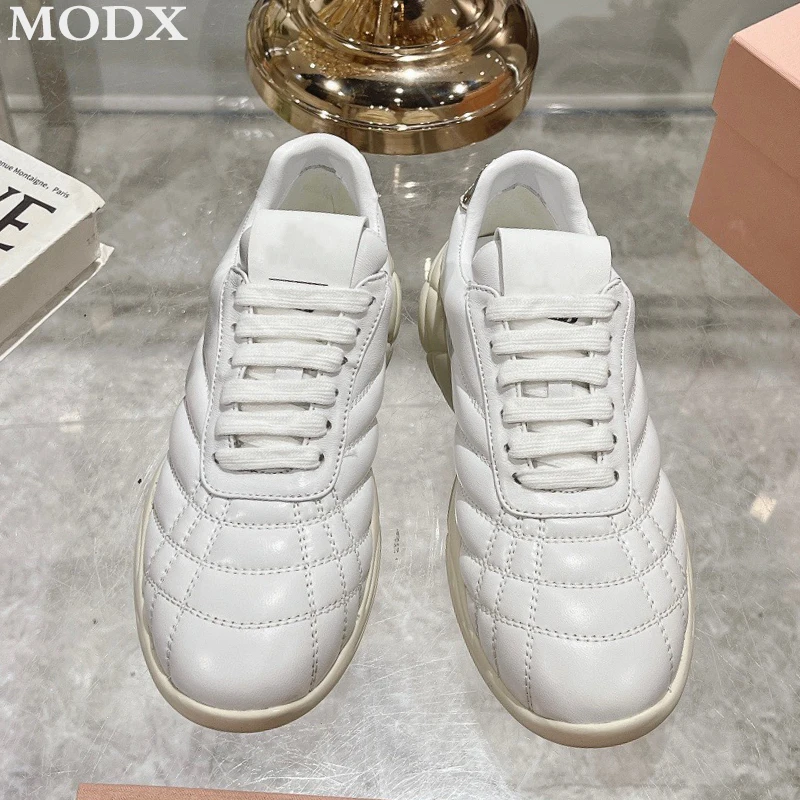 2024 Autumn/Winter Lace-up Casual Sneakers Metallic Silver Genuine Leather Fashion All-match Comfortable Round Toe Ladies Shoes