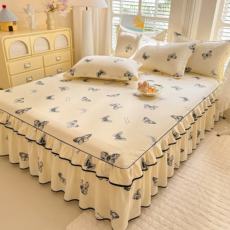 Washed Polyester Bed Skirt Twin/Queen/King Size Bed Cover with Ruffles for Home Skin-friendly Butterfly Printed Bedskirt Elastic