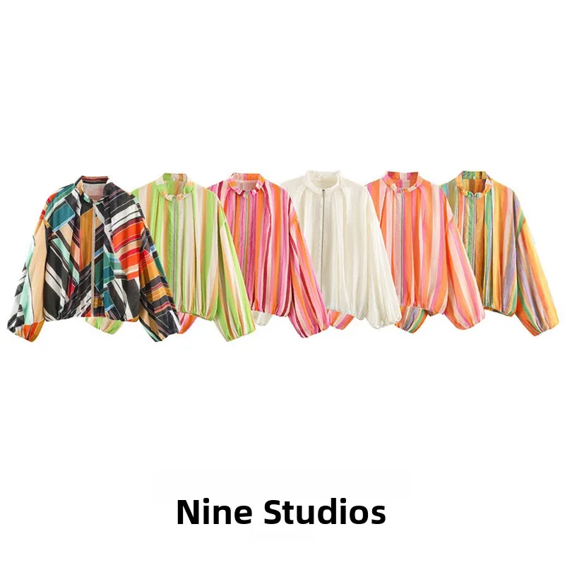 Nine Zar Women's Loose Zipper Trimmed Multicolor Stripe Pilot Jacket Short Outerwear Fashionable Casual Style Long Sleeve