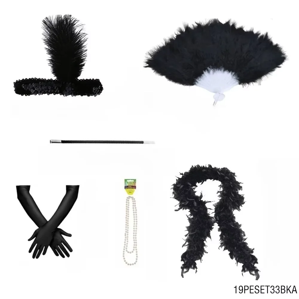 PESENAR خمر الأسود ريشة المرأة زي مجموعة سباركلي عقال ريشة مروحة قفازات رائع موضوع الزي الطرف #3