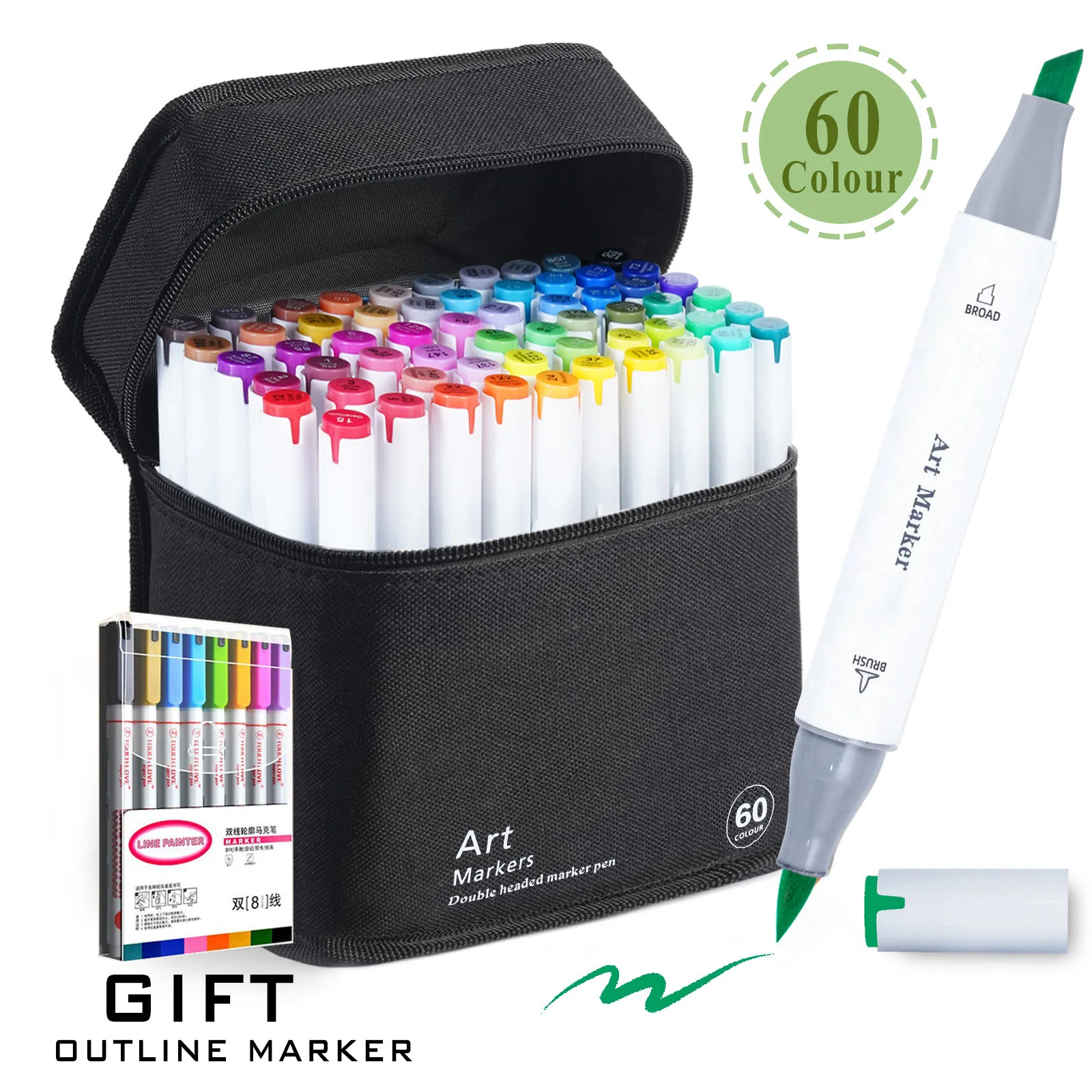48/60/80/120 kleuren Dual Tip Brush & Beitel Permanente Art Marker Pennen met Basis & Omtrek Markers Tekenbenodigdheden Kit-Hervulbaar
