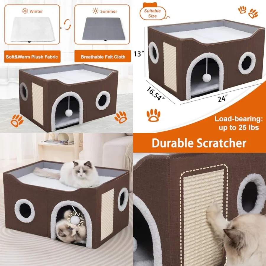 

Cat Houe for Indoor Cat - arge Cat Bed Cave with cratch Pad and Fuffy Ba, Fodabe Cat Condo Hideaway with Reveribe Cuhion for Mu