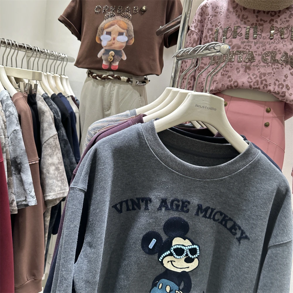 2025 Autumn Winter New Women's Short Loose Jacket Hoodies Heavy Embroidery Glasses Cartoon Pullover Crew Neck Sweatshirt Coat