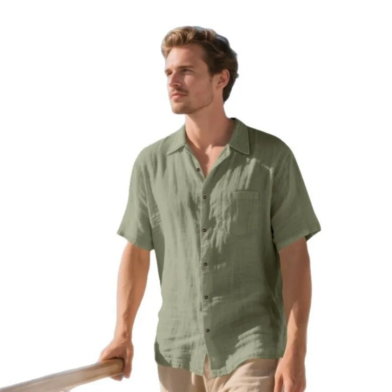 Men's Linen Blend Short Sleeve Shirt Breathable Cuban Collar Casual Beach Summer Blouse