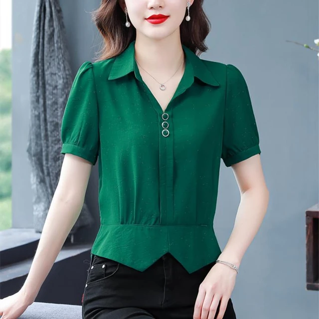 Camisa con botones de Color liso para mujer blusa informal con cuello de Polo y pliegues a la cintura de manga corta combina con todo 2024 AliExpress