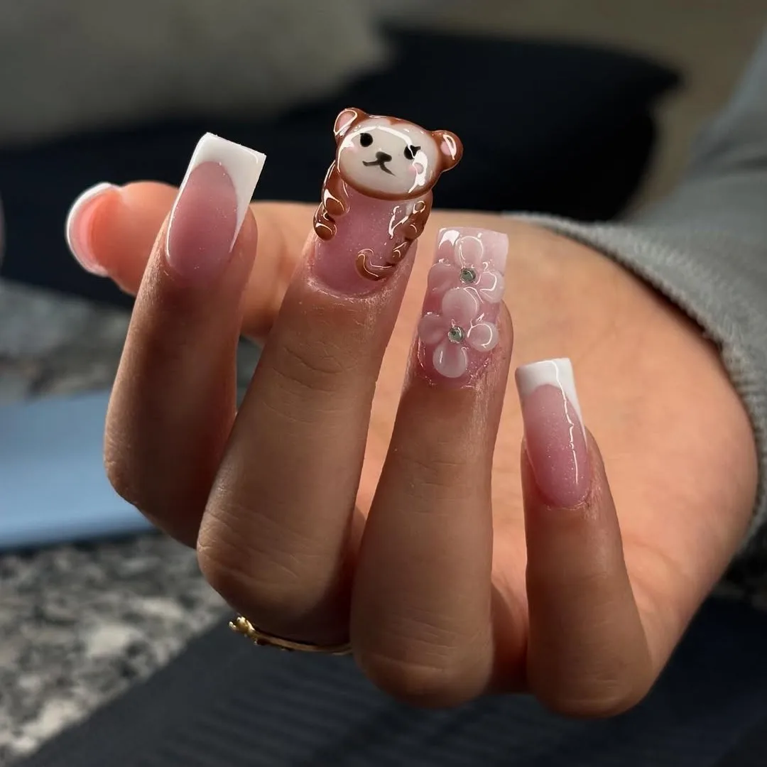 

3D Gel Nail Art Press ones 3D Monkey Flower Acrylic Press on Nails Cute French Tips Nail Medium Square Pink Floral Fake Nails