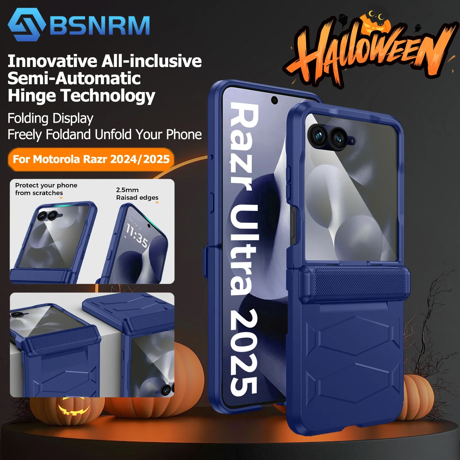 

Подарки на Хэллоуин для MOTO Razr 50/60, противоударный чехол, нескользящая текстура, закаленная защита петель, чехол для беспроводной зарядки - синий