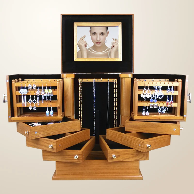 Vintage Desktop Jewelry Storage Box Large Capacity 360 Wood Multi-Layer Jewelry Box Storage Organizer Case Earrings Display Gift