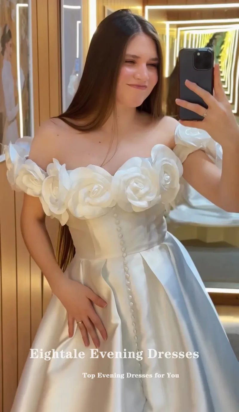 

Eightale Arabic Wedding Dress Off Shoulder Customized Ivory Satin Bridal Gown A-Line Floor Length Bride Party Dress