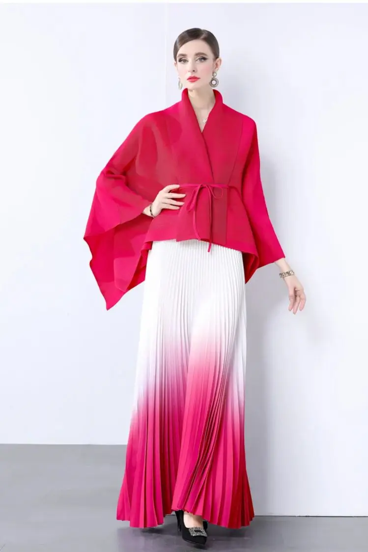 Miyake Gradient Pleated Fashion 2 Pieces Set Women\'s Irregular Belt Bat Sleeve Top + A-Line Long Skirt Elegant Holiday Party Set