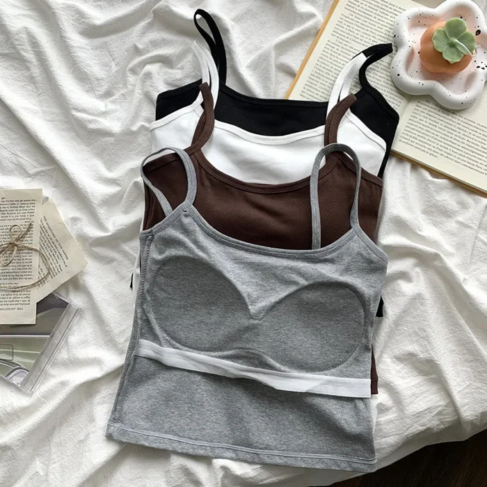 Camisola de Color Sólido con Relleno en el Pecho, Sin Mangas, Ajustada, de Algodón, Transpirable y Elástica, para Mujer, Ropa Interior de Verano