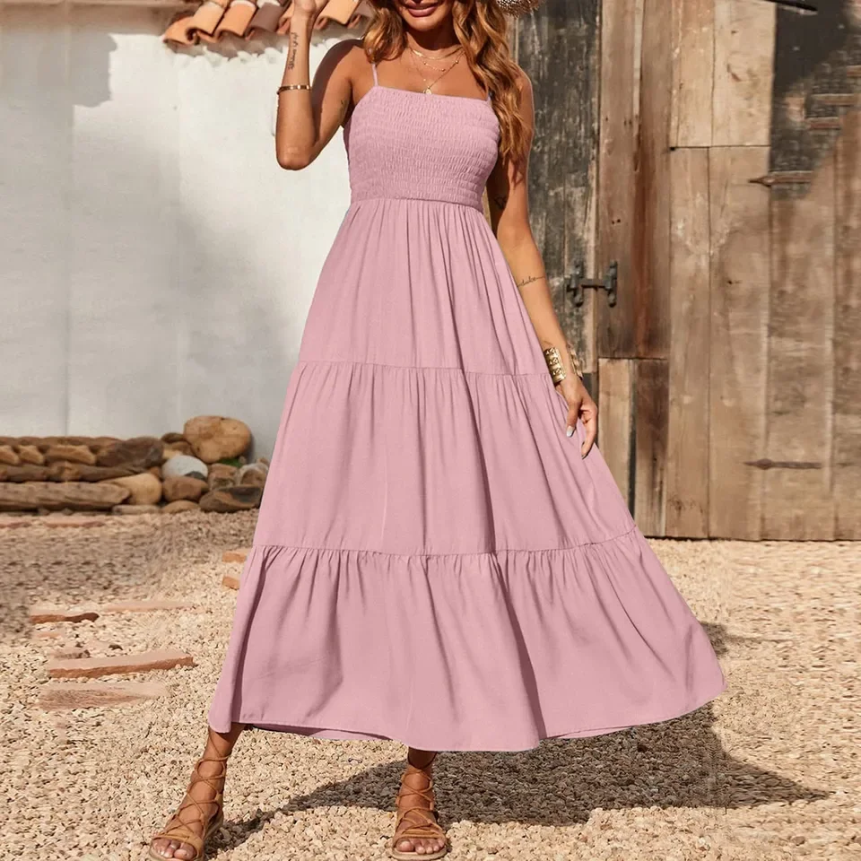 ชุดเดรสฤดูร้อนสำหรับผู้หญิง สไตล์ลำลอง โบฮีเมียน สายเดี่ยวบาง ชั้นๆ ยาว เหมาะสำหรับใส่ไปชายหาด ทรงหลวม เปิดหลัง ยืดหยุ่น สวมใส่สบาย