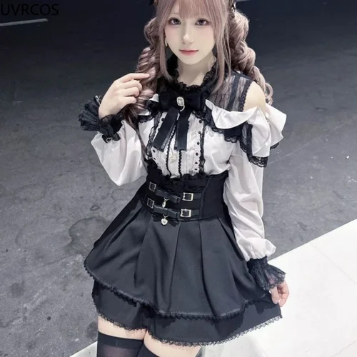 Conjunto de falda estética Sweet Lolita Y2k, blusa de encaje con lazo gótico japonés y hombros descubiertos, minifaldas con volantes, traje escolar Harajuku para niñas