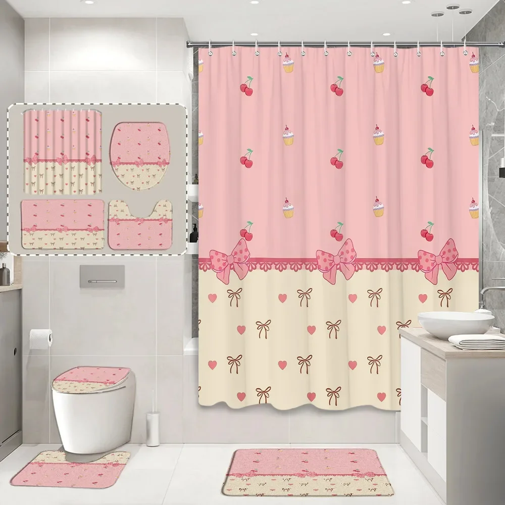 Pink Bow Shower Curtain And Rug Bathroom Set Striped Love Lace Gift Polyester Shower Curtains Bath Mat Bathroom Decor With Hooks