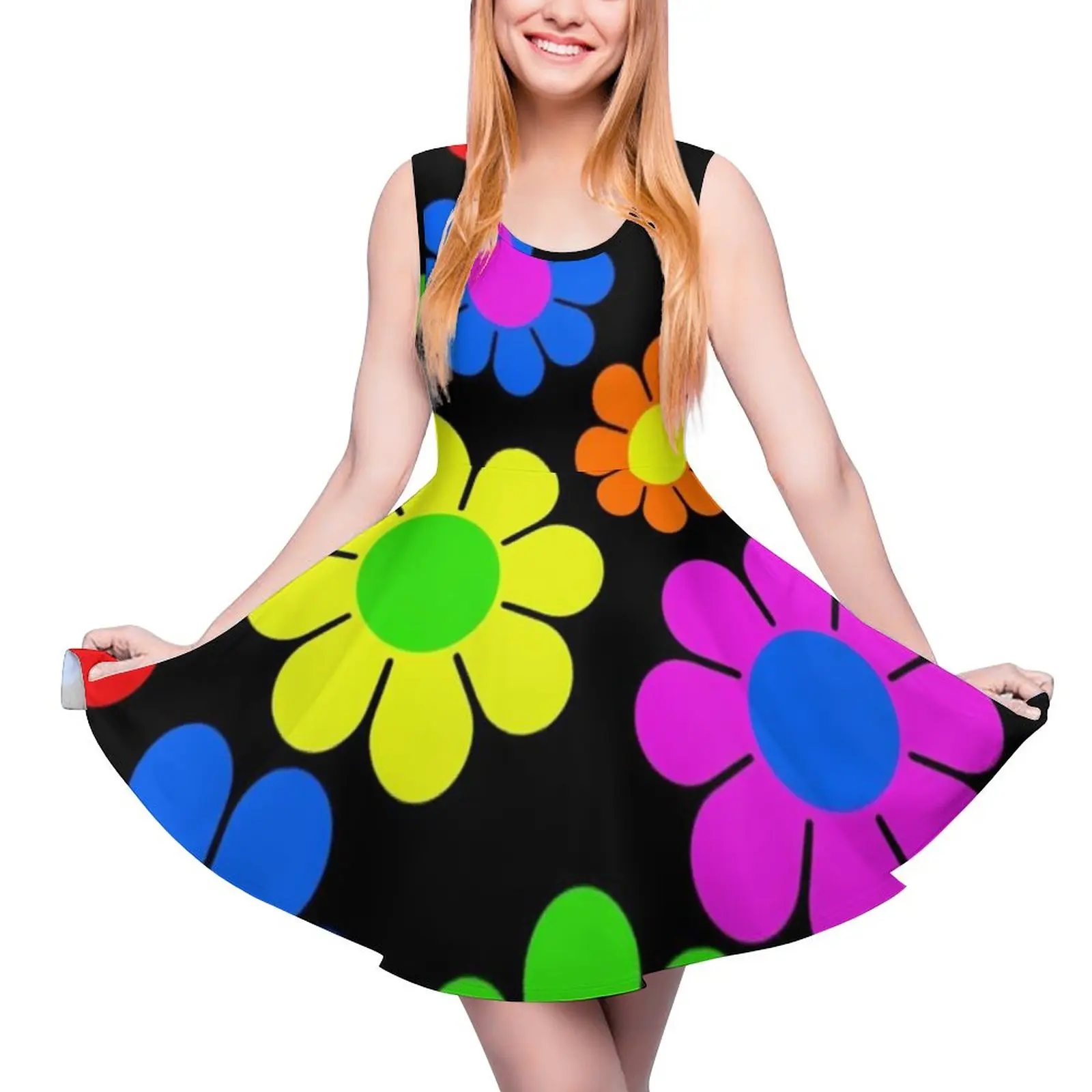 Colorful Peace Print Dress Hippy Flower Daisy Trendy Dresses High Waist Casual Skate Dress Ladies Clothing Birthday Present