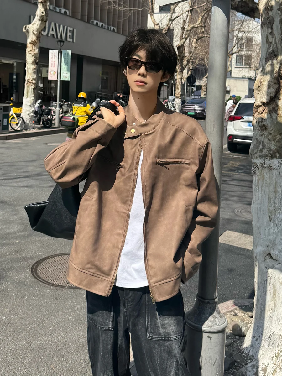 

Мужская кожаная куртка Browan в американском уличном стиле, с эффектом тай-дай, мотоциклетная, приталенная, с воротником-стойкой, молодежная, модная, из полиэстера.