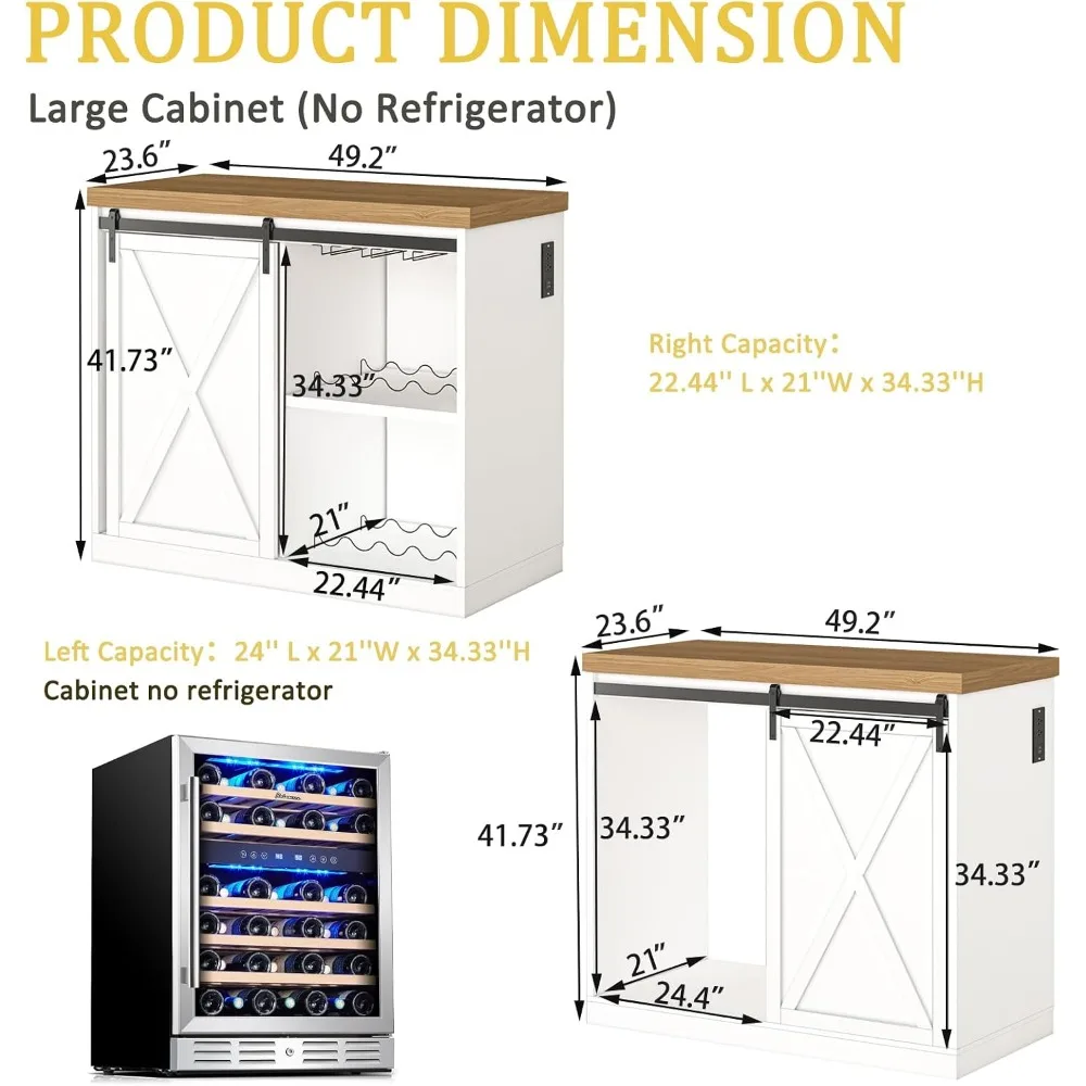 Cabinet with Mini Fridge Space, 49.2 inch Farmhouse Kitchen Buffet Hutch with Sliding Barn Door, Built in Power Outlet,