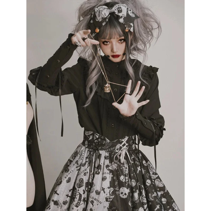 Kosahiki gótico y2k camisas femininas vintage lolita estilo gigot manga blusas meninas jk doce rendas babados bandagem topos blusas mujer